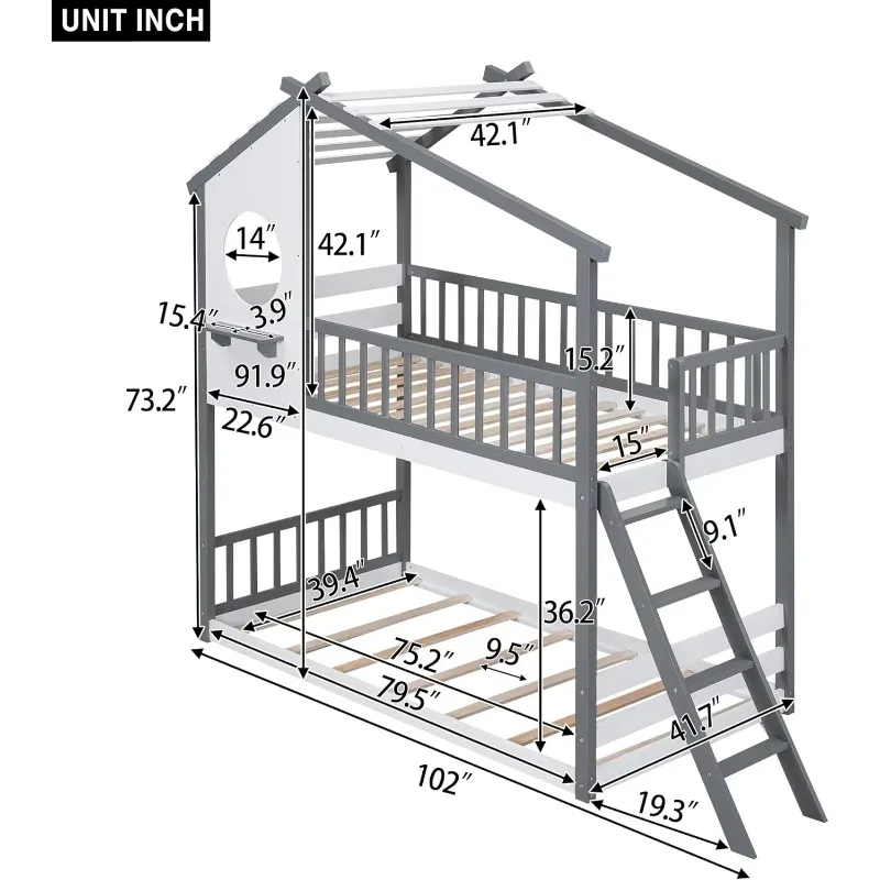 Wood Bunk Bed With Roof And Window For Kids, Twin Over Twin Toddler House Bed For Boys Girls, Grey