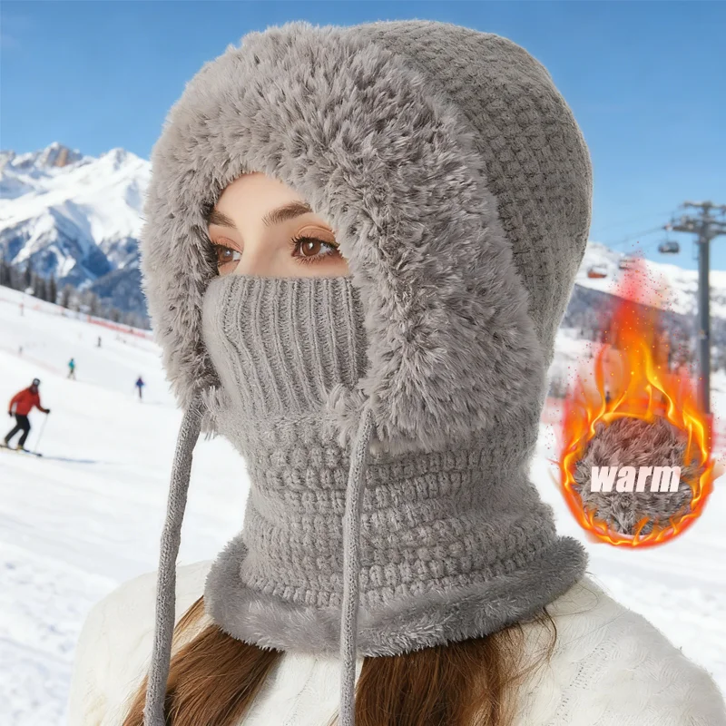 3 في 1 قبعة صغيرة للنساء الشتاء الطقس البارد قبعات منسوجة مقاومة للرياح مقنعين وشاح سميكة أفخم