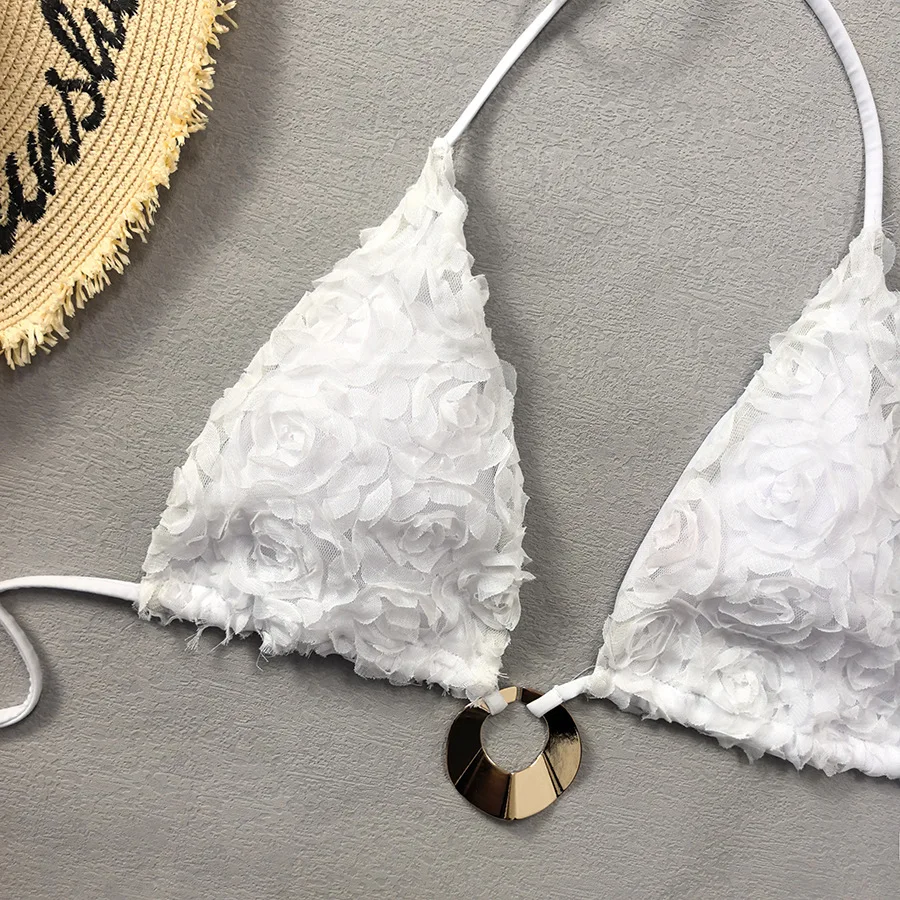 sexy white flower plain micro bikinis sets two pieces metal ring swimsuits Swimwear beachwear conjunto de bikini biquini tankini
