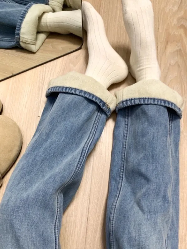 

plus Size Fce Lined Thi Straight Leg Jeans Women's Loose Slimming Wide Leg Pants High Waist Cargo ket Casual Denim