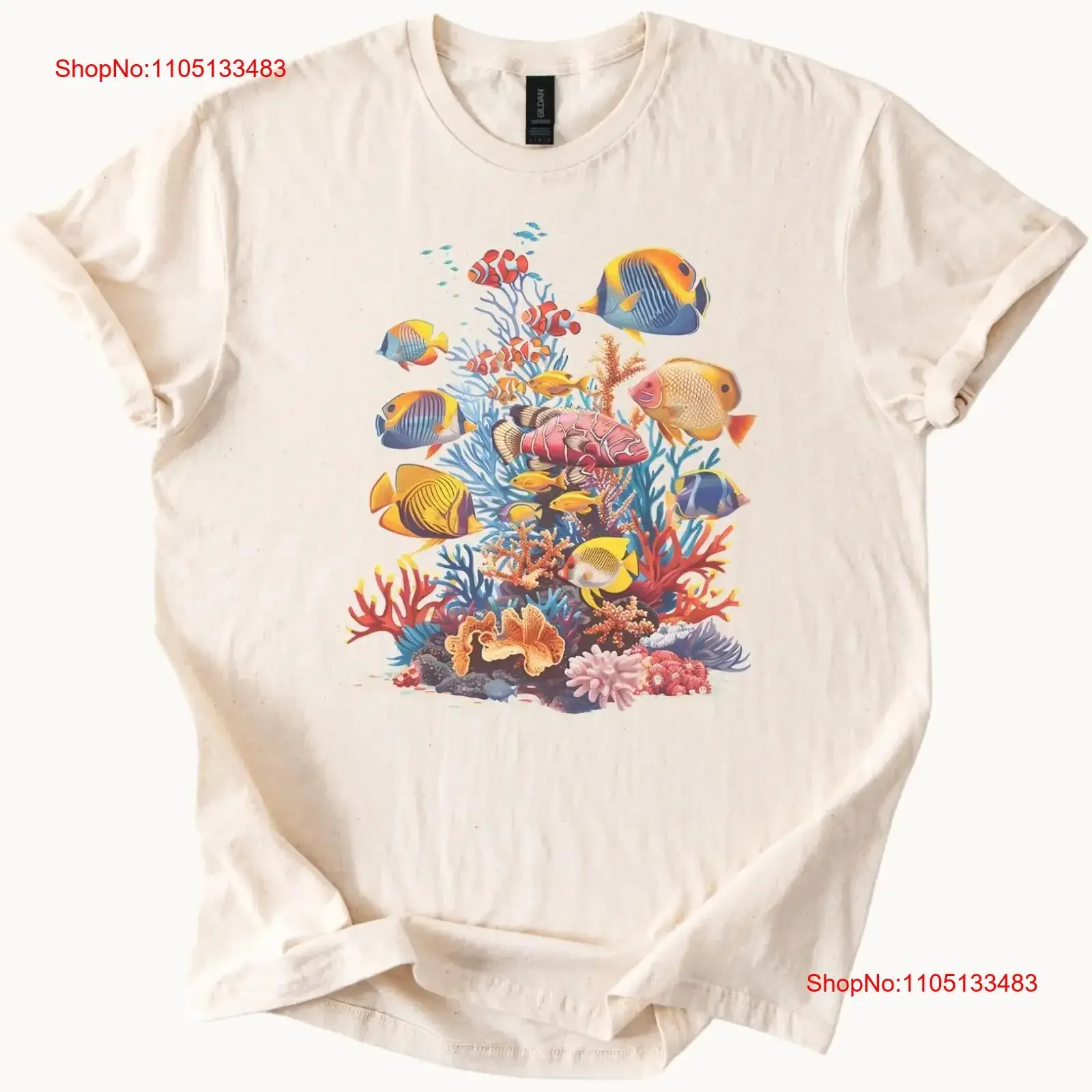 

Tropical Coral Reef Fish T Shirt Colorful Ocean Sea Life vintage Washed designer clothes Slightly Stylish fashion graphic