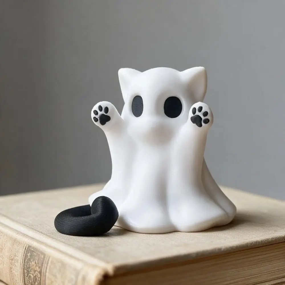 Cute 3D-printed Halloween Kitten Ghost Ornament Mini Plastic Ghost Cat Figurine Hand-Raising Posture Ghost Cat Ornament Office