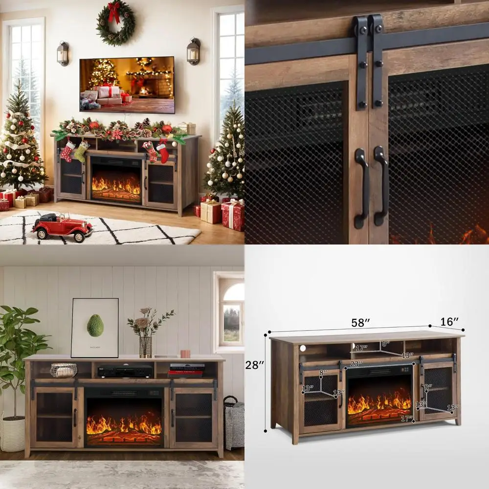 

65 Rustic Oak Media Storage Electric Fireplace TV Stand for Living Room