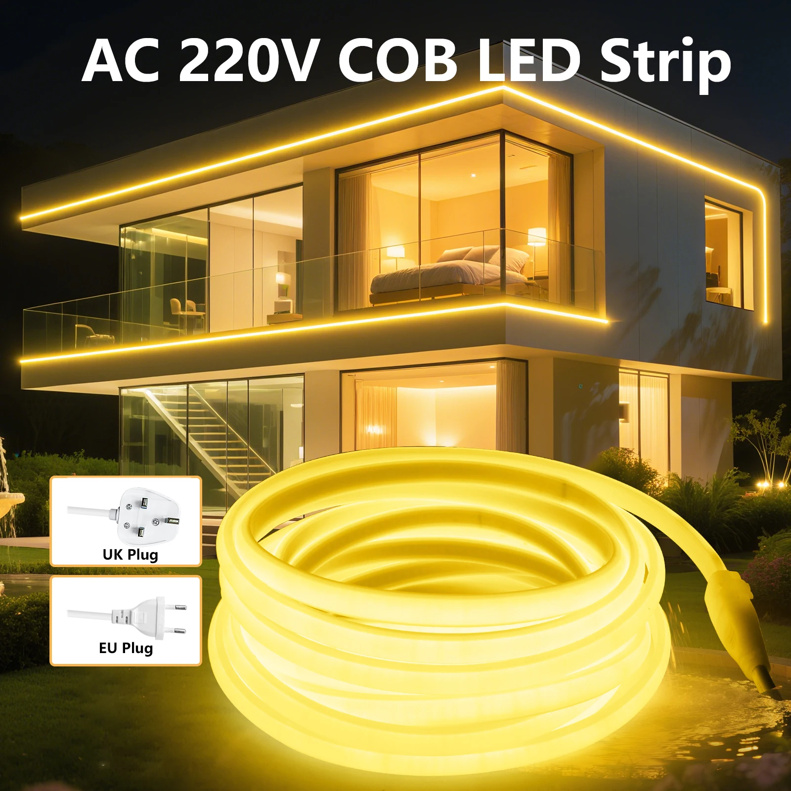 

220V COB LED Strip 288LEDs/m Waterproof LED Strip Lighting with EU/UK Plug 0.5m 10m 20m 35m Flexible Tape for Home Garden Decor