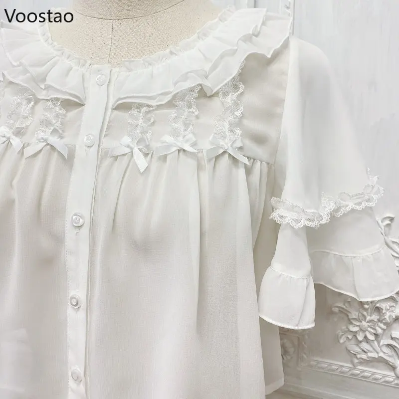 Summer Vintage Kawaii LolitaPrincess Blouses Women Japan Style Bow Lace Ruffles O-Neck Short Shirts Girl Chiffon Jsk Inside Tops