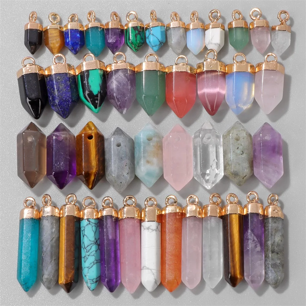 Wholesale Hexagonal Prism Bullet Stone Pendants Natural Stone Quartzs Agates Point Healing Charm For DIY Jewelry Making Necklace