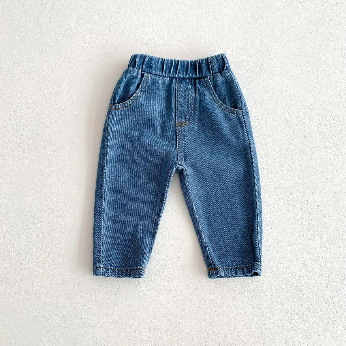 Spring Autumn Fashion Children Solid Jeans Girl Baby Retro Denim Casual Pants Boy Kid Pockets Cotton Trousers Toddler Dungarees