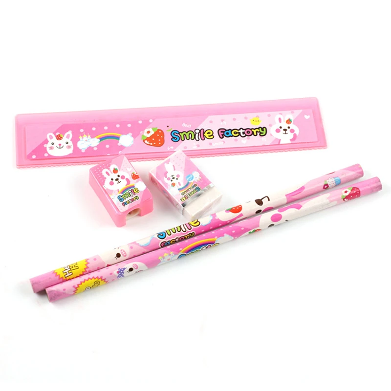 5pcs Cartoon Rabbit Stationery Set Pencils Eraser Ruler Pencil Sharpener Student Stationery Kit for Student
