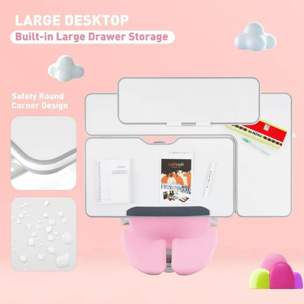 높이 조절이 가능한 소녀들을 위한 인체공학적 핑크색 학습 책상과 의자, 넓은 필기 공간, 서랍, 책꽂이 포함