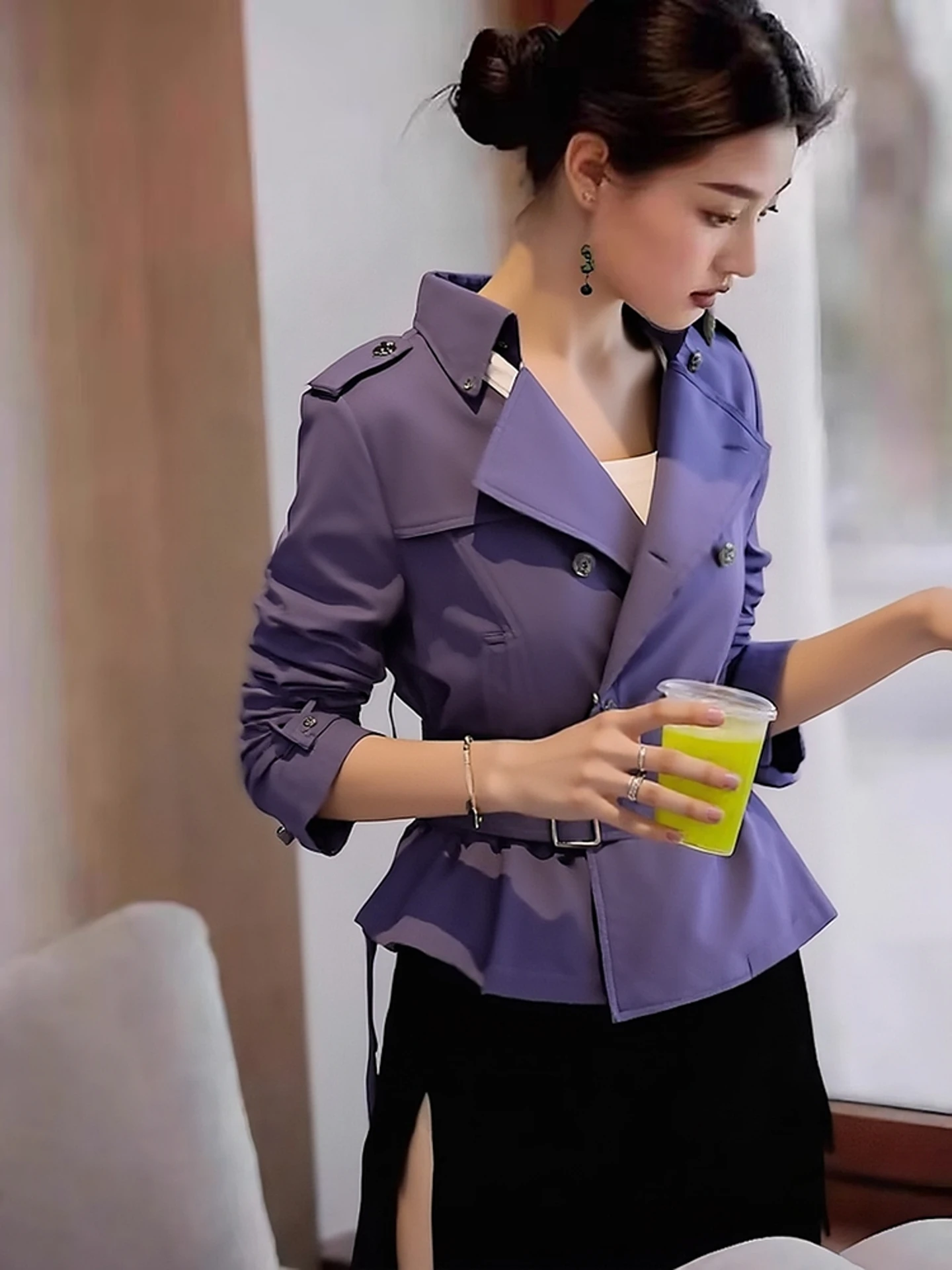 엘레 오르트 퍼플 더블 브레스티드 여성 재킷 봄 가을 출퇴근 디자인 경량 허리 조임 탑