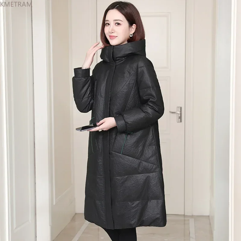 Doudoune à capuche en cuir véritable pour femme, manteau mi-long, peau de mouton véritable, 100% cuir, hiver