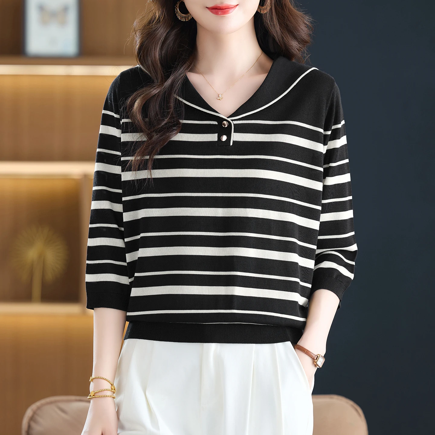 

Stripe Sweater Woman Spring Autumn Fashion Pullover Femme Womens Clothing Half Sleeve Top Harajuku Sweaters