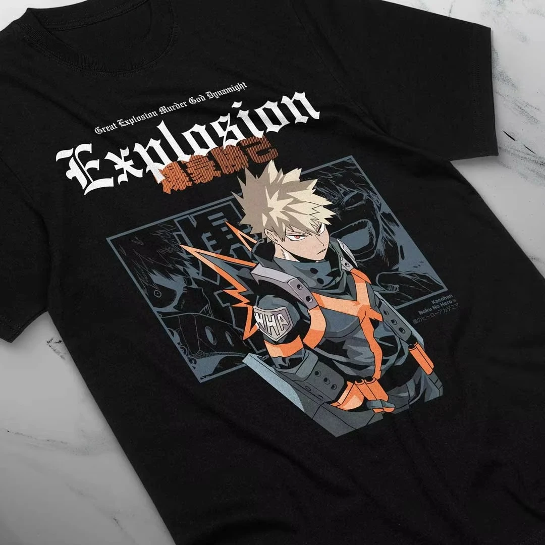 2026 My Hero Academia Katsuki Bakugo Explosion T‑shirt, Gothic Text Front Print, Cotton Unisex Tee, Anime Tops for Kids Adults