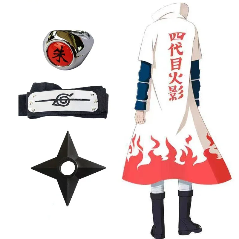 Anime Cosplay 4Th Hokage Uzumaki Costume Adult Kids Namikaze Minato Cape Headband Necklace Weapon Ring Children Cosplay Gifts MN