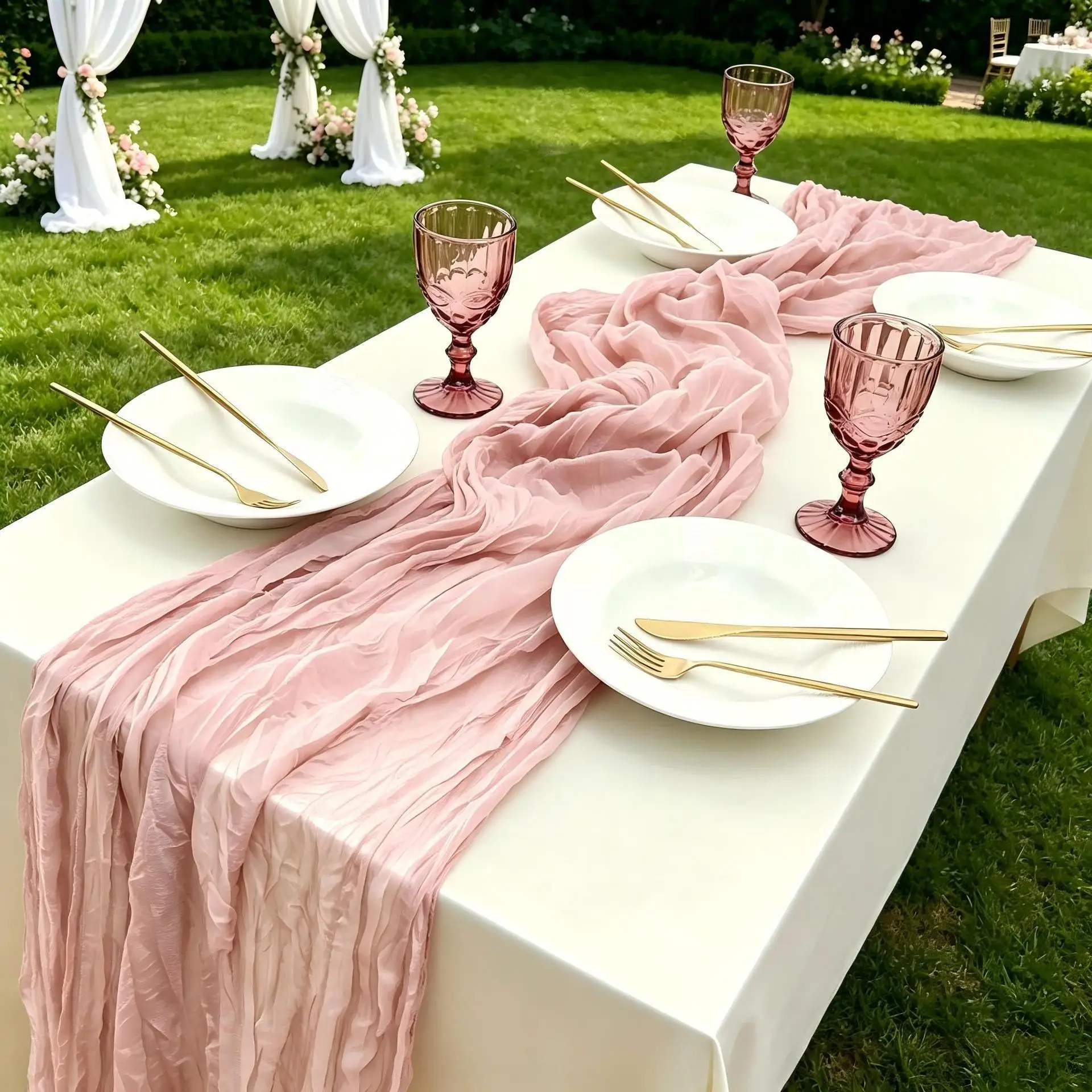 6PCS Crepe Table Runner Voile Wedding Birthday Party Decoration European Tulle Twisted Pleated Table Path