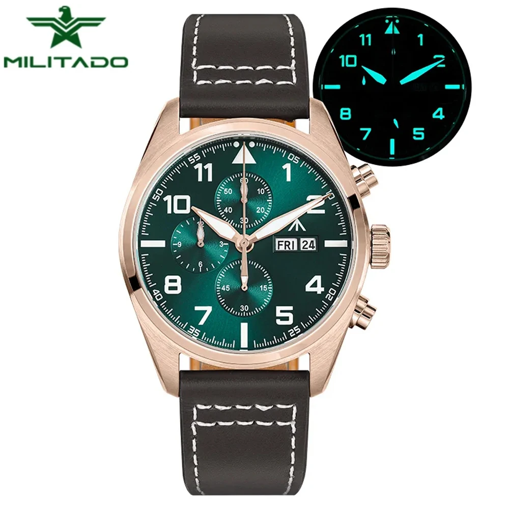 Militado Chronograph Watch OS00 Quartz Movement Super BGW9 Luminous AR Sapphire Crystal Waterproof 100m Stainless Steel Watches