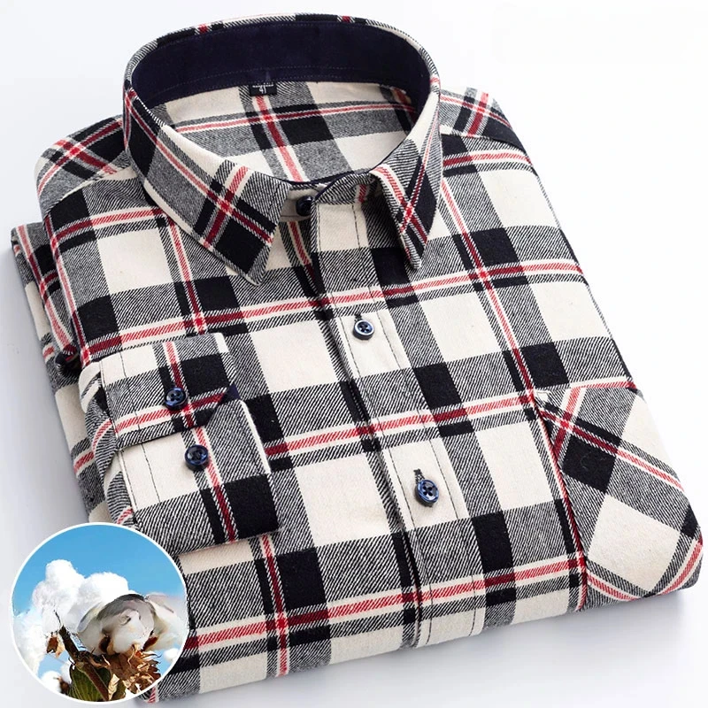 New in shirt plus size 6xl 100%cotton sanding long-sleeve shirts for men soft slim fit Casual plaid tops korean popular clothes