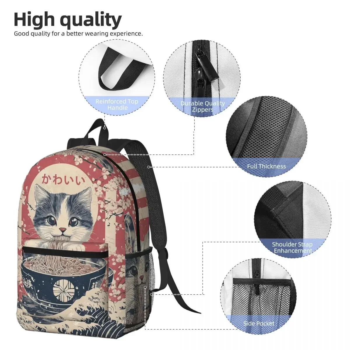 Japanese Cat Eating Ramen Backpack Daypack Large Capacity Children BookBag School Bag Shoulder Bags for Men Women