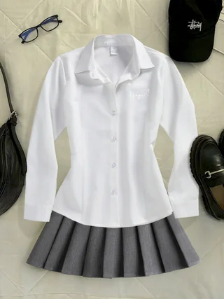 

JK Preppy Style Slim White Shirt Women Long Sleeve Logo Print Uniform Tops