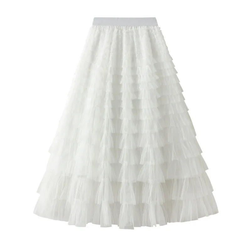 

Spring And Autumn 2025New Style Women's Clothes Netskirt Half-length Cake Skirt For Women Fairy White Chiffon Pleated Long Skirt