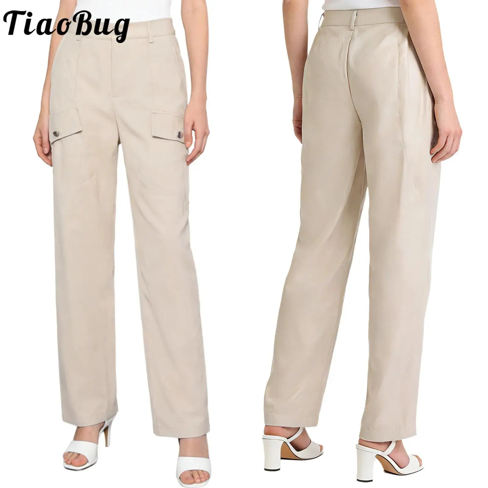 

Женские стильные однотонные брюки-карго с имитацией накладных карманов, прямые брюки из искусственной кожи, длинные брюки для шопинга, отдыха, повседневной носки