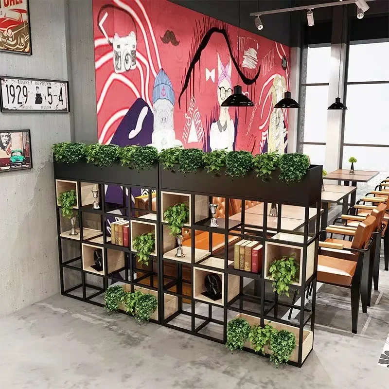 Industrial Wrought Iron Shelves Solid Wood Multi Layer Bookshelf Living Room Partition Office Floor Display Rack Decorative