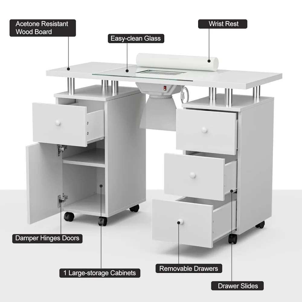 Mesas para uñas. Mesa de manicura, escritorio de maquillaje para uñas con tapa de cristal, estación de mesa para uñas para tecnología con ventilación eléctrica, cojín para muñeca