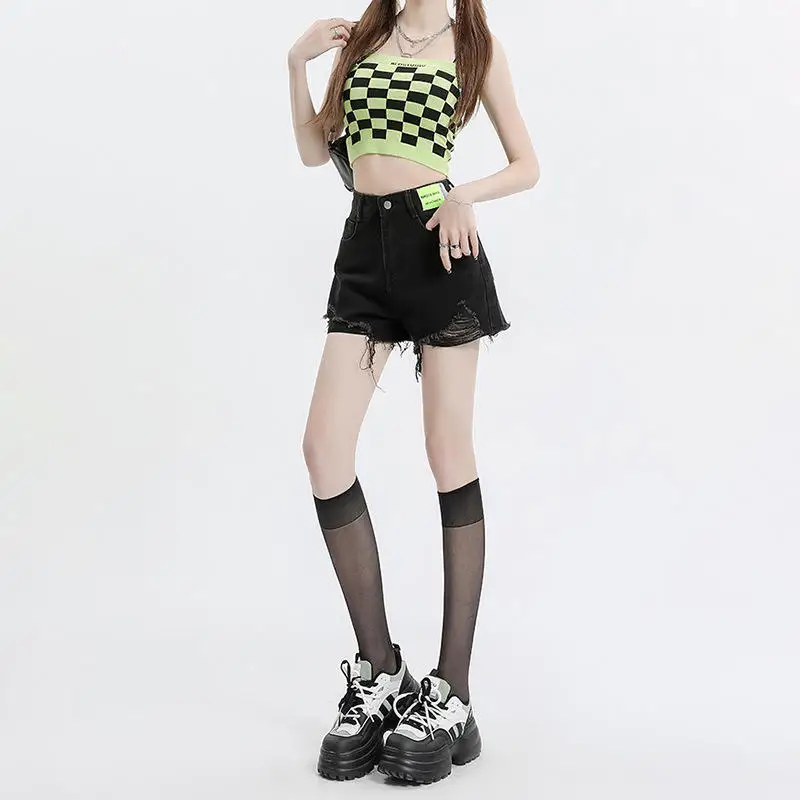 High Waist Denim Shorts Women's Spring Summer New American Style Loose Slimming A-Line Hot Pants Trendy INS Hollow out Design
