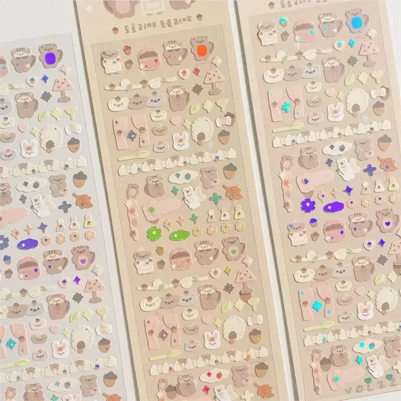 Korean Ins Cute Little Bear Laser Sticker Diy Scraping Idol Card Photo Album Happy Planning Stationery Decoration Sticker Kawaii