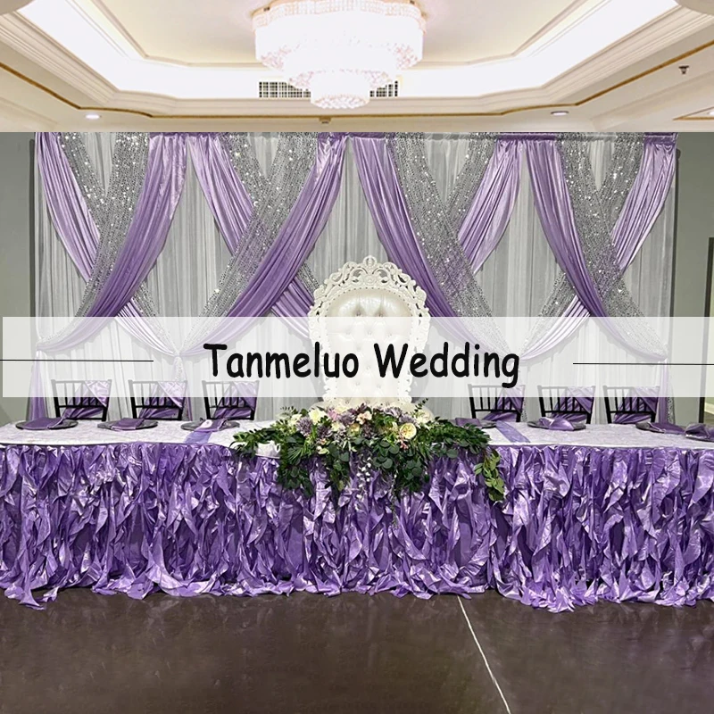 3X6M Luxury Wedding Backdrop Curtain White Background Drapery Lavender and Sequin Swag Pleated Event Party Home Decoration