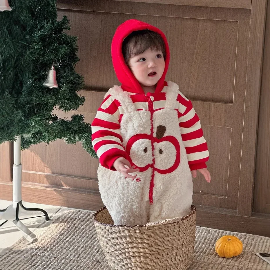 Girls Pants 2024 Winter New Childrens Wear Boys and Girls Foreign Cartoon Apple New Year Furry Warm Onesie Simple and Lovely