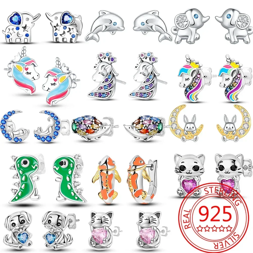 925 Sterling Silber Ohrschmuck Tier Einhorn Dinosaurier Elefant Ohrringe Luxus zarte Frauen Mädchen Geburtstag Schmuck Geschenk