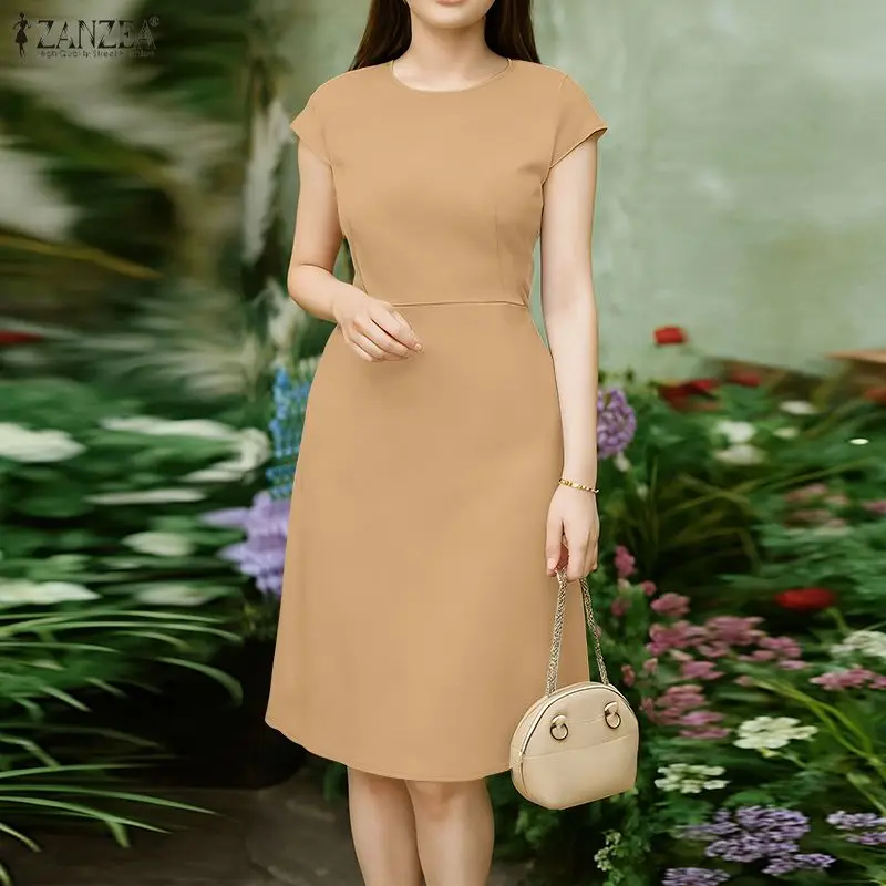 

Летнее женское платье ZANZEA с коротким рукавом, элегантное праздничное платье, однотонное платье с коротким рукавом, офисное платье до колена, Vestidos