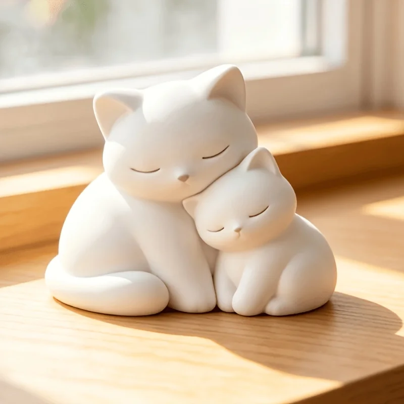 Cat Figurine Holding Mother and Child, Simple and Healing Kitten Desktop Sculpture, Warm Parent-Child Animal Desktop Decoration, Bedroom and Living Room Desk and Bookshelf Soft Decor, Soft and Neutral Home Decor Piece, Mini Desktop Display, Home Ambiance Decoration, Cute Desktop Sculpture