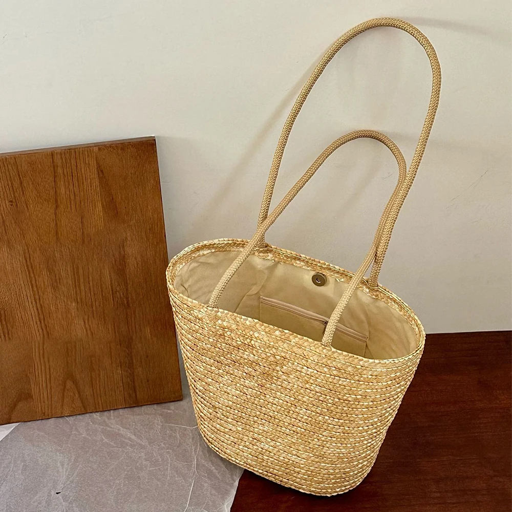

Hot Minimalist Handmade Straw Shoulder Bag, Large Capacity Boho Tote Bag, Fashionable Summer Beach with Zipper Handbag for Women