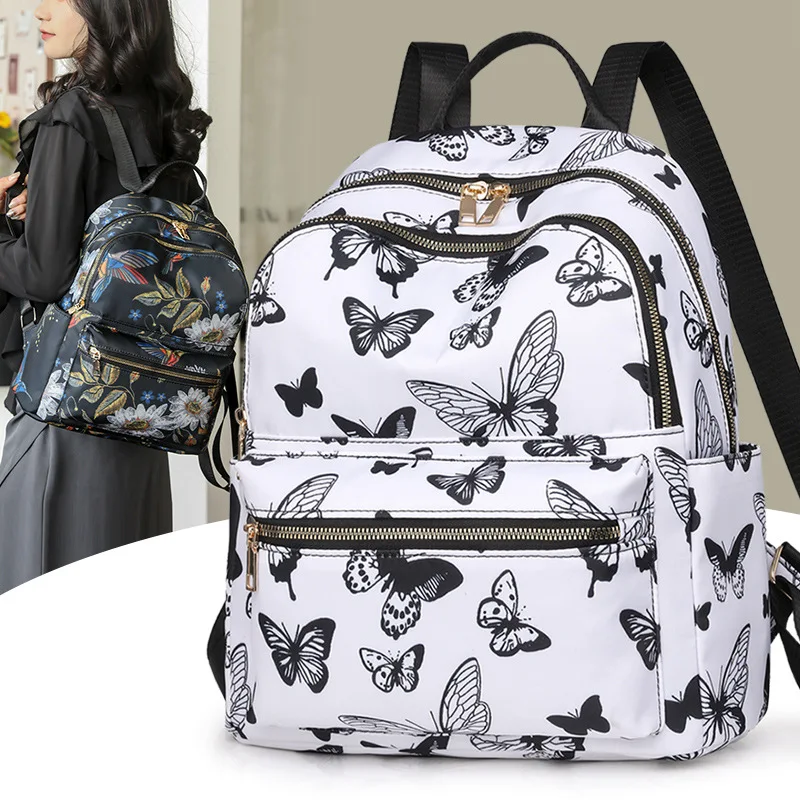 Butterfly Print Nylon Backpack, Multi-Pocket, Versatile for Daily Commute, Travel & Casual Use, Stylish, Options for Women Teens