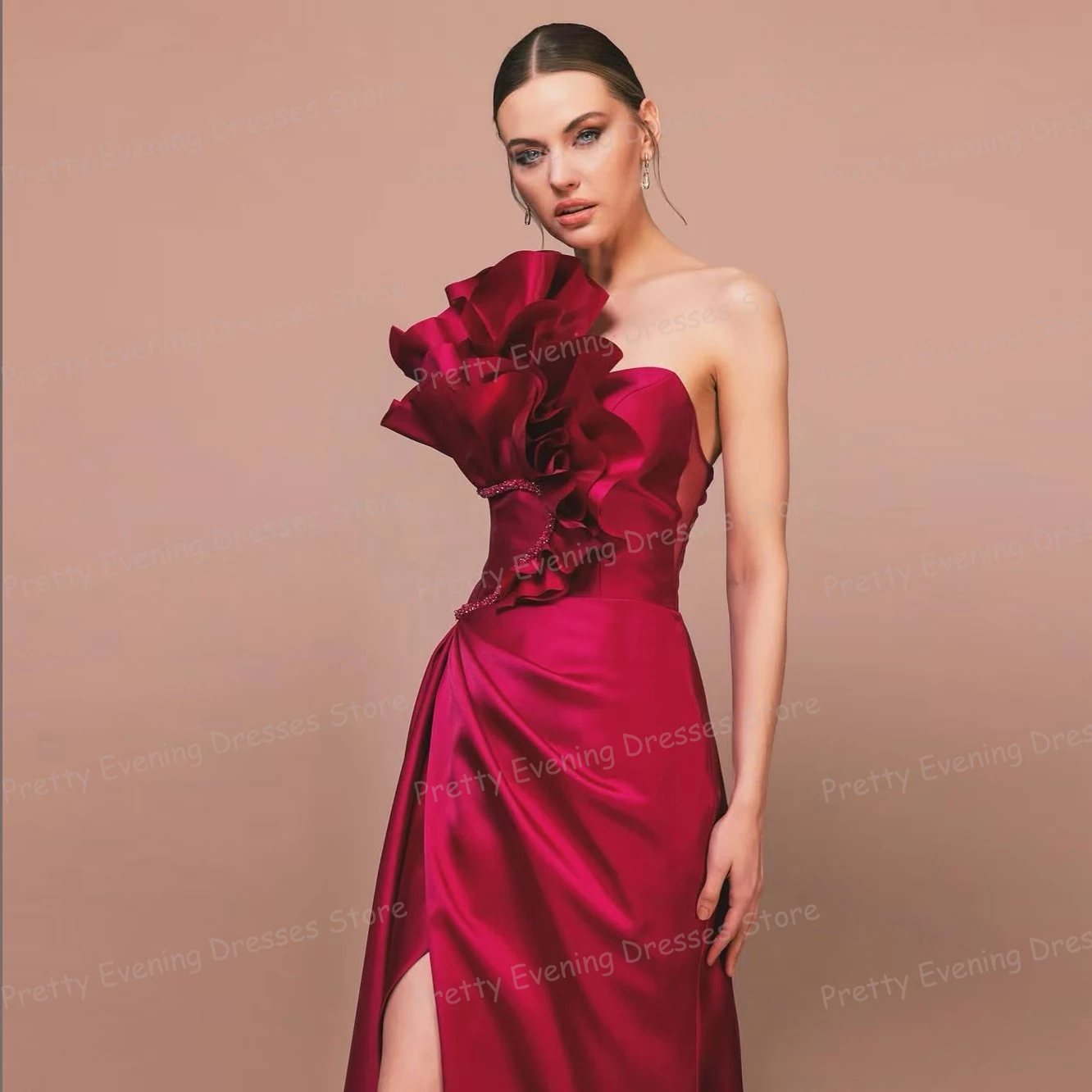 Simple Red Evening Dresses Sleeveless One Shoulder Mermaid Prom Growns Woman's Pleat High Split Customized Party Vestidos Fiesta