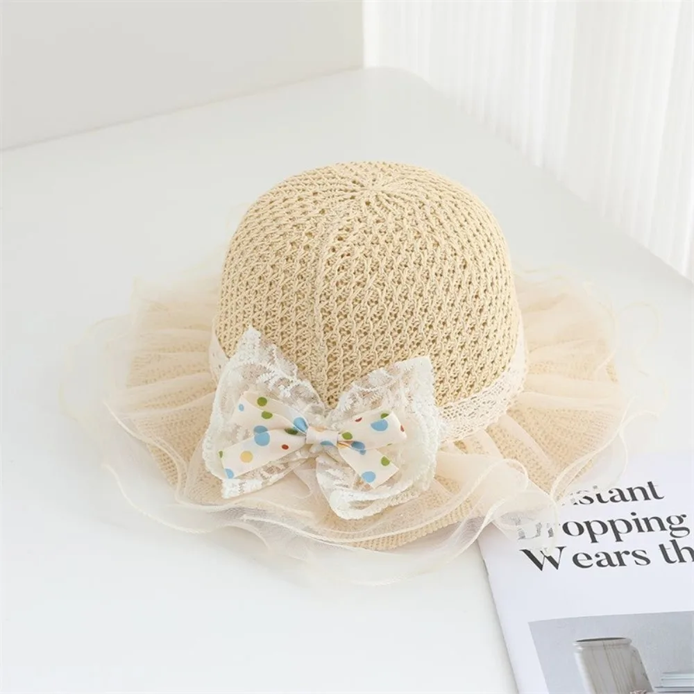 

Wide Brim Children Sun Hat Lace Trim Pearl Decoration Straw Hat Breathable Material Straw Material Sun Hat Beach Activities