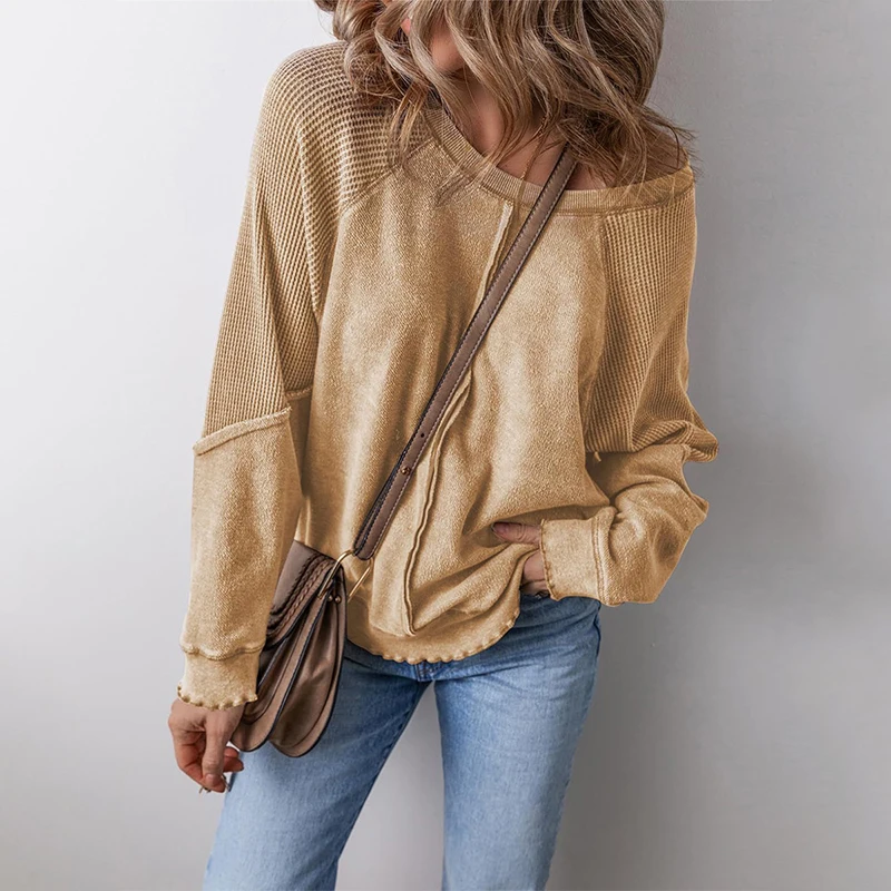 OMSJ Round Neck Long Sleeved Sweatshirt 2026 Autumn Solid Color Women's Fashion Casual Pullover Loose Fitting Comfort Daily Tops
