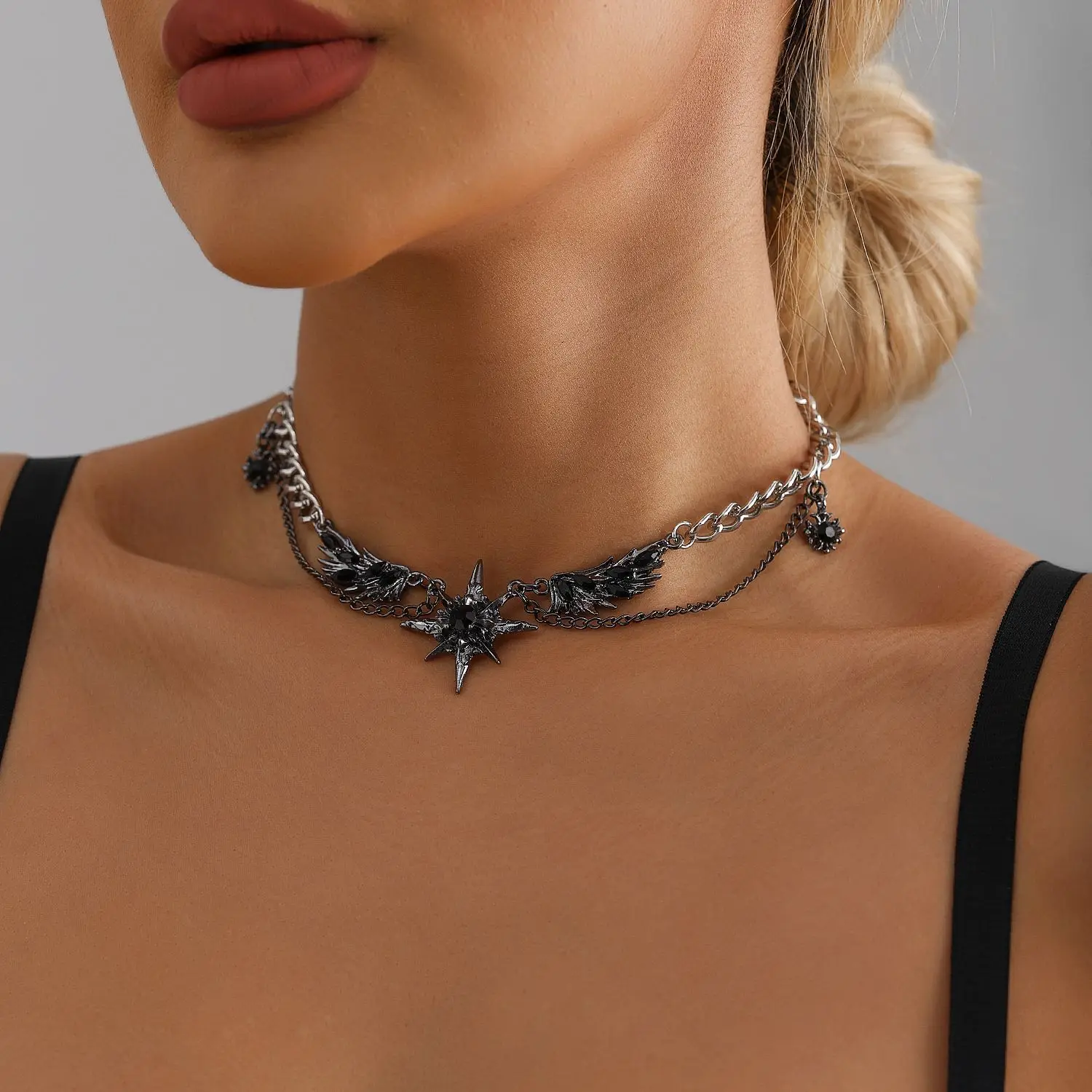 Daily Wear Silver Chain Necklace Wing Star Pendant Trendy Dark Girl Style Sweet Cool Fashion Accessory