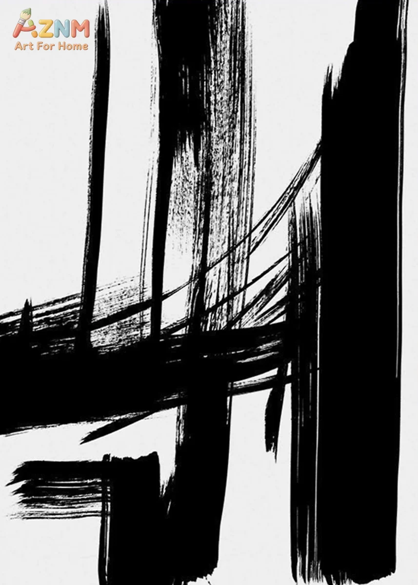 AZNM Minimalist Black Ink Brush Stroke Abstract Canvas Wall Art Monochrome Line Art Modern Nordic Living Room Bedroom Home Decor