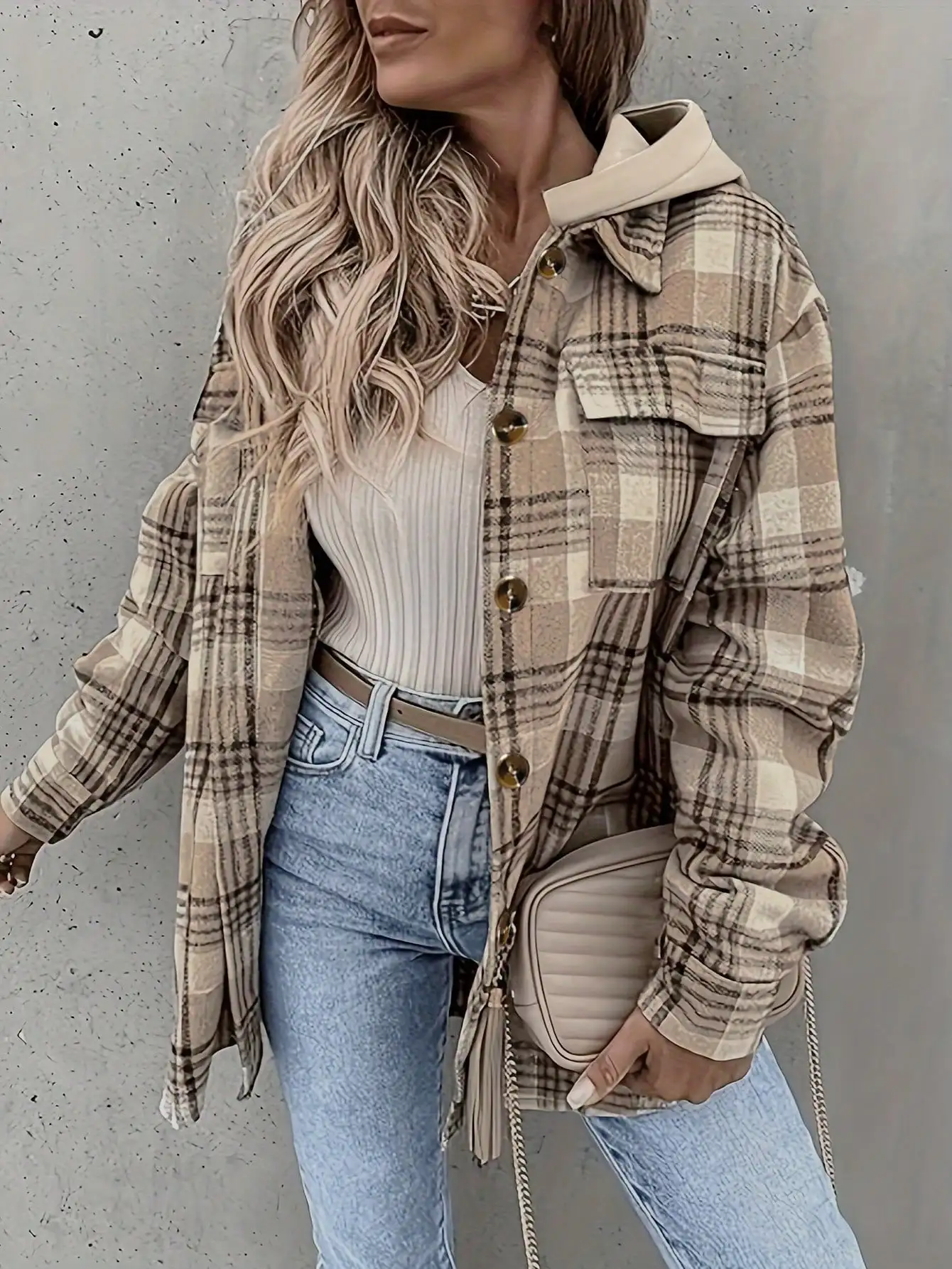 

Women's Plaid Bomber Jacket with Turn-Down Collar, Long Sleeve, Casual Loose Fit for Autumn Winter