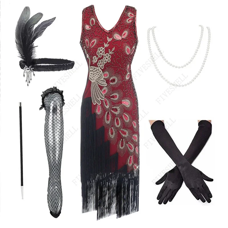 1920s gaun Fashion wanita berpayet merak, gaun Flapper berjumbai Gatsby Vintage gaun pesta Roaring 20s