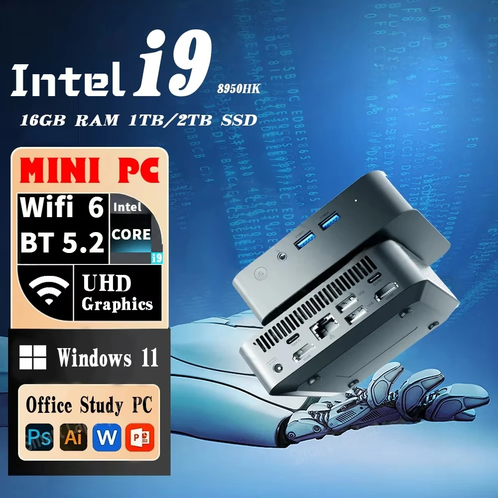 كمبيوتر صغير Intel Core i9 8950Hk Windows11 16GB RAM1TB/2TB SSD كامل الوظائف كمبيوتر جيب صغير جدًا Type-C 4K كمبيوتر محمول