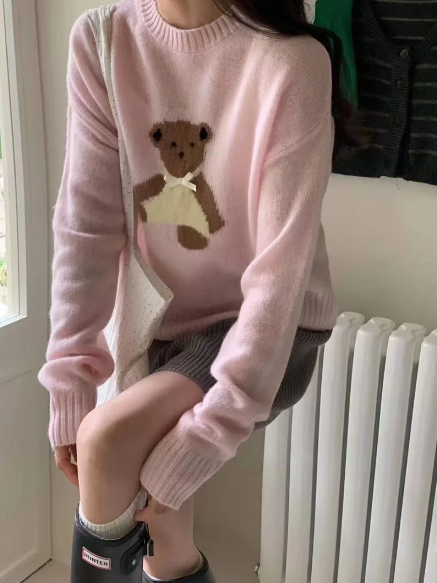 

3D Embroidery Bear Knitted Sweater Early Autumn New Loose Sweet Anti-Aging ort Sve Long Women's Top Sweet Sle Casual F...