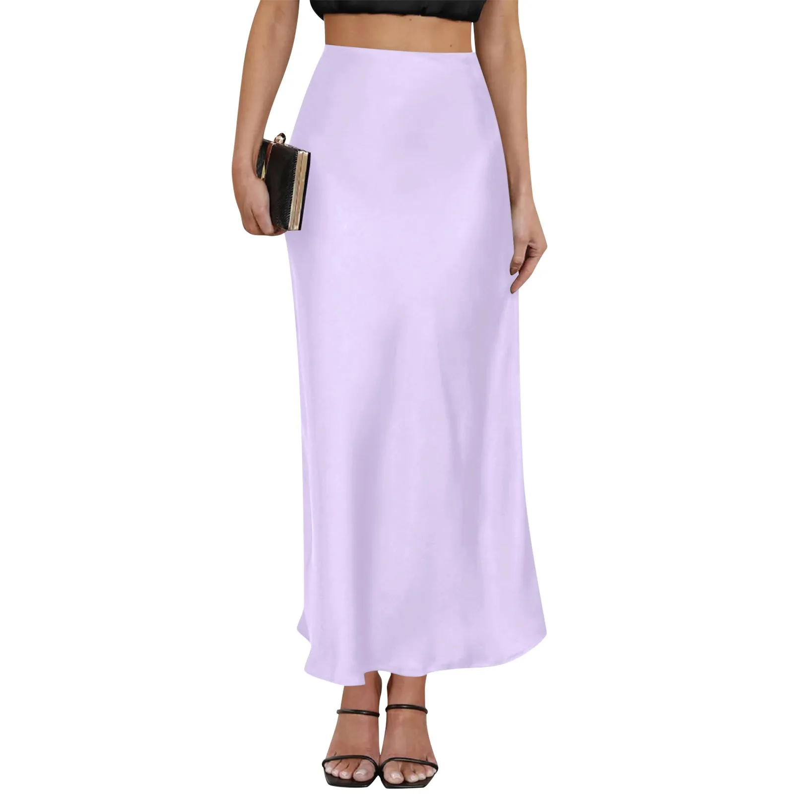 

Elegant Temperament Skirts High Waist Silk Satin A-line Skirt Fashion Sexy Basics Solid Color Lightweight Long Skirts for Women