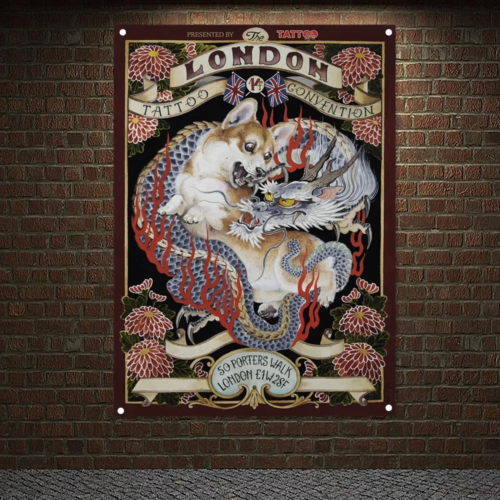 The LONDON TATTOO GONVENTION Posters Tapestry Wallpapers Bar Cafe Home Decor Skull Tattoo Art Banners Flags Wall Hanging Mural