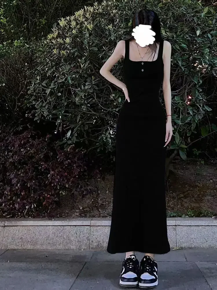 Trumpet Maxi Dress Women Solid Simple Hotsweet Korean Style Fashion New Sleeveless Defined Slim Chic Sexy Square Collar Vestidos