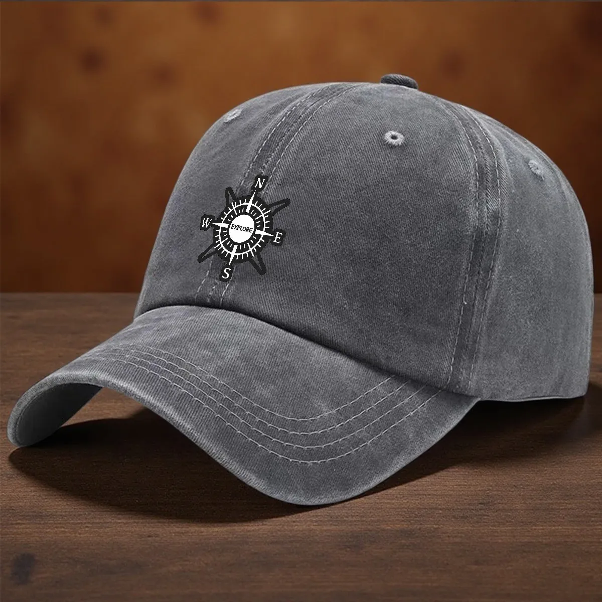 Compass Explore Baseball Cap Washed Denim Adjustable Sun Hat Unisex Outdoor Dad Cap