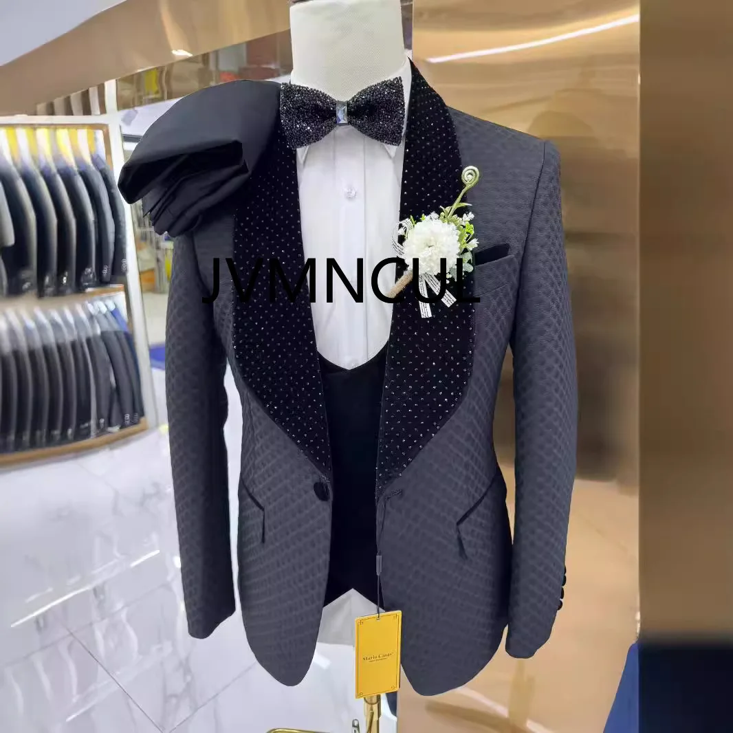 High-End 2025 Cross-Border Foreign Trade Hot Drilling Men's Wedding Casual Host Suit Three-piece Set 3Pc in Stock